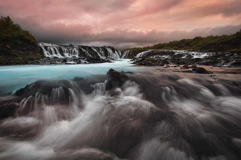 bruarfoss,europe,iceland,southern,sunset,water body,waterfall