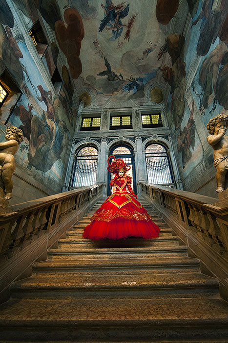 carnival, celebration, colorful, costume, europe, italy, mask, myriam, myriam melhem, palace, party, red, staircase, stairs, stairway, stairwell, venice, vertical