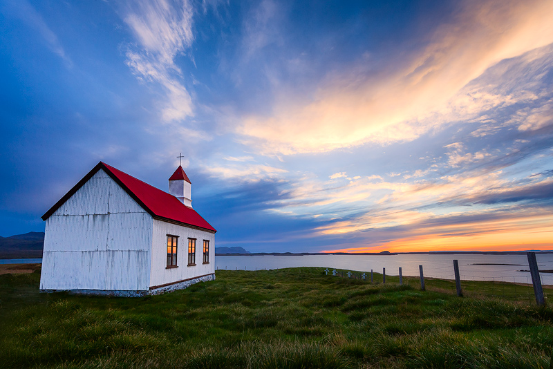 building,church,europe,fifty-four,highway 54,horizontal,hwy 54,iceland,north america,peninsula,red,route 54,seashore,shore,snÃ¦fellsnes,sunset,united states,water body,wes