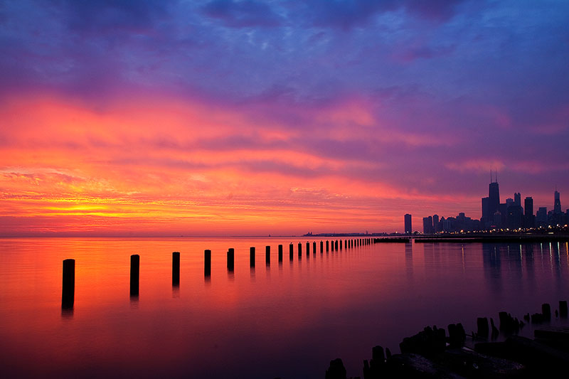 america,beautiful,chicago,city scape,cityscape,horizontal,il,illinois,lake michigan,midwest,north america,red,sunrise,united states,us,usa