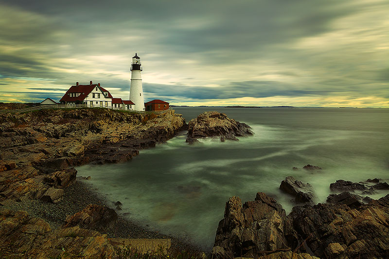 america,building,east,eastern,head light,horizontal,lighthouse,long exposure,maine,new england,north america,portland,portland headlight,united states,us,usa,water,water shot