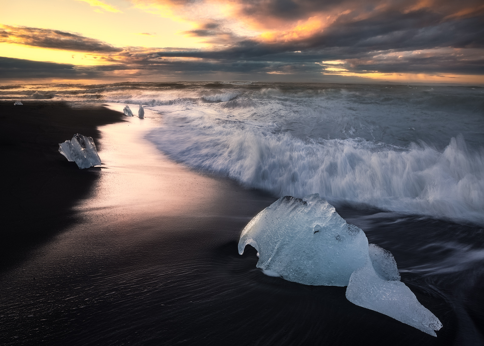 beach,black,breidamerkursandur,europe,ice,iceberg,iceland,long exposure,morning,ocean,sand,southern,sunrise,water body