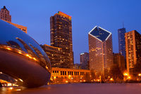 Chicago's Bean and skyscrapers at twilight.