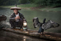 A Chinese fisherman posing next to his Cormorant.