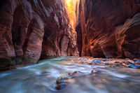 A river rushing into a canyon in Zion National Park's "The Narrows".
