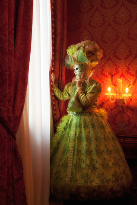 Green costumed model looking out of her hotel window in Venice.