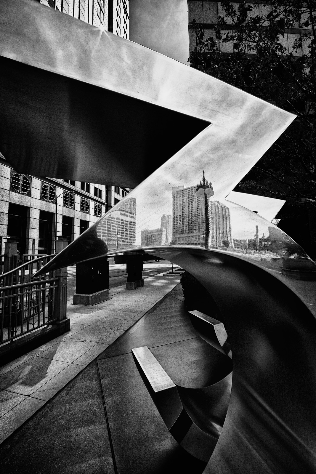 Reflection in a sign on Wacker Drive in black and white