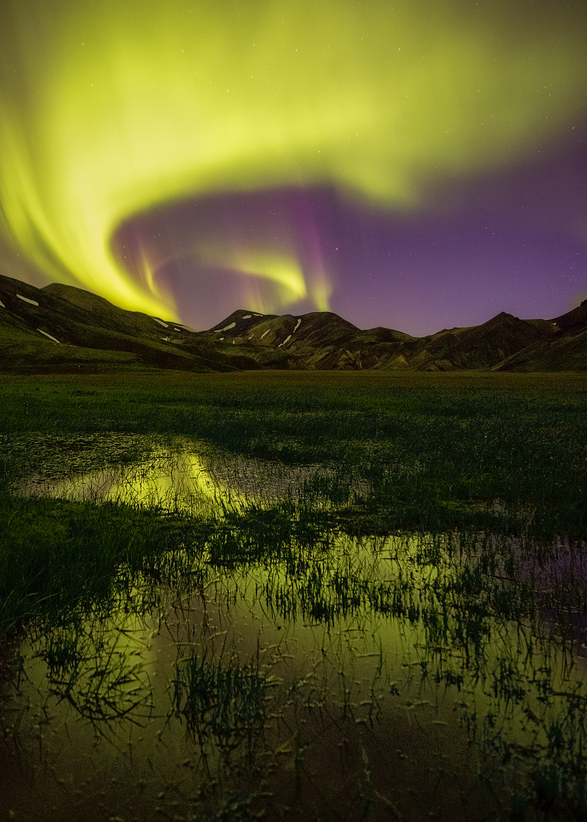 Amazing Northern Lights dancing over a meadow in Landmannalaugar