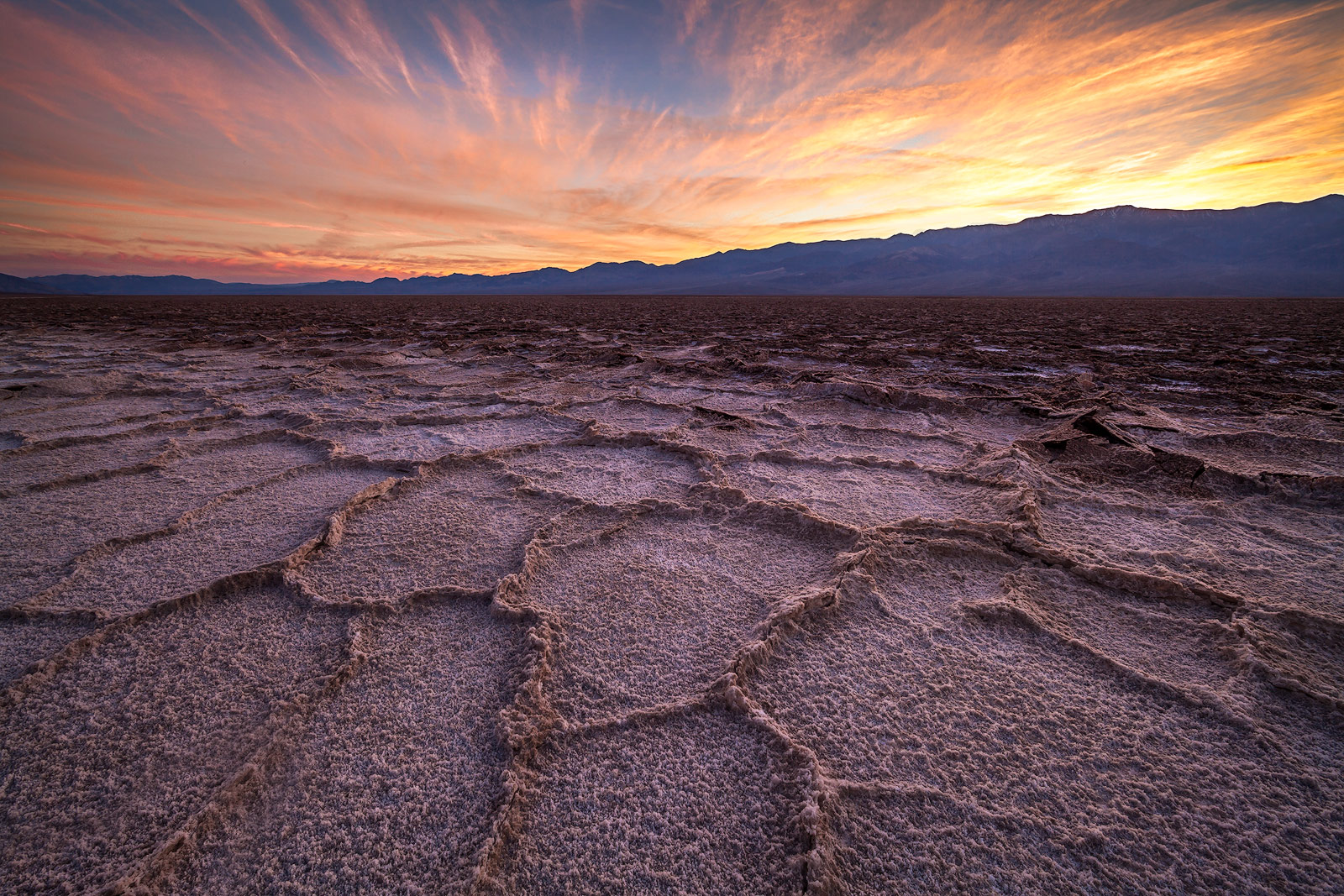 The final minutes of daylight over Death Valley's playa known as Badwater