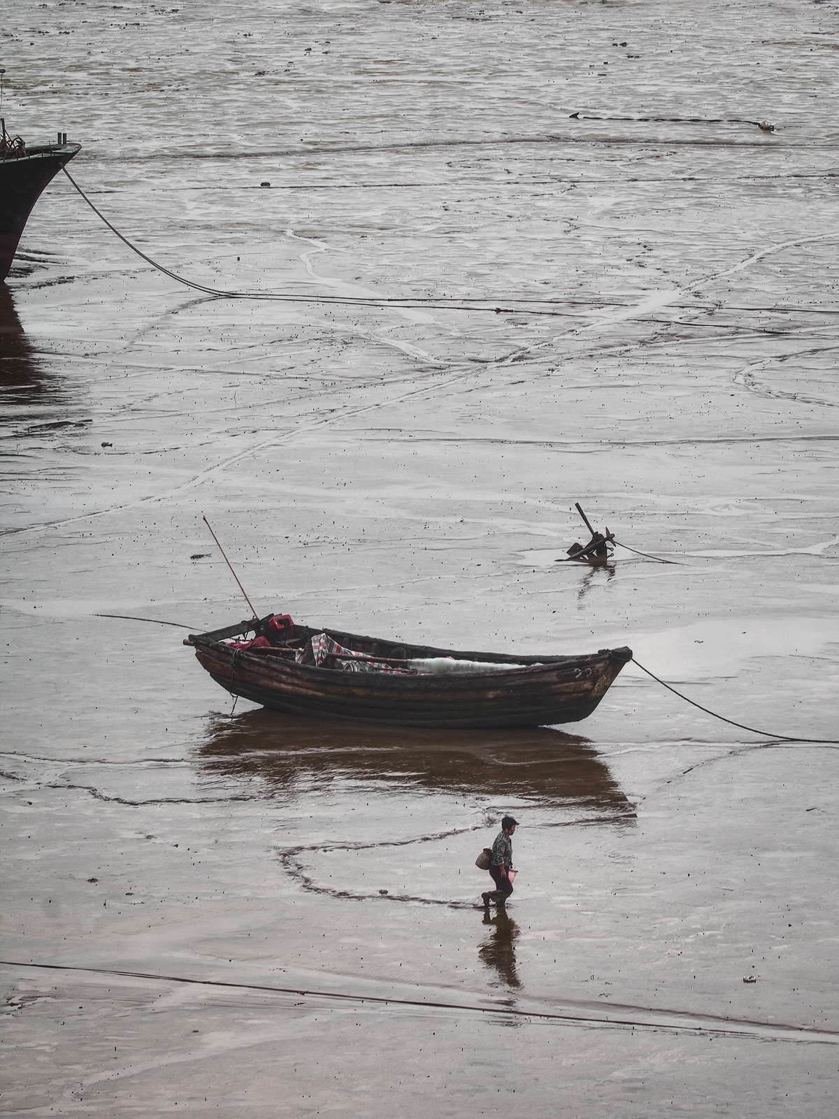 Vertical shot of a boy walking through the mudflats at low tide.