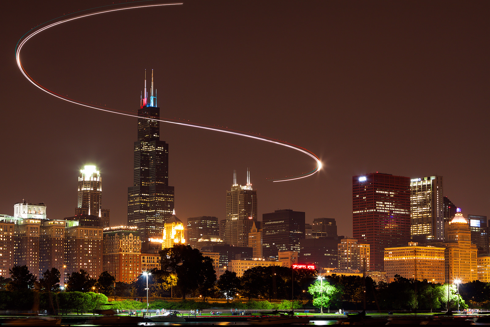 Helicopter light trail around Chicago's Sears (Willis) Tower