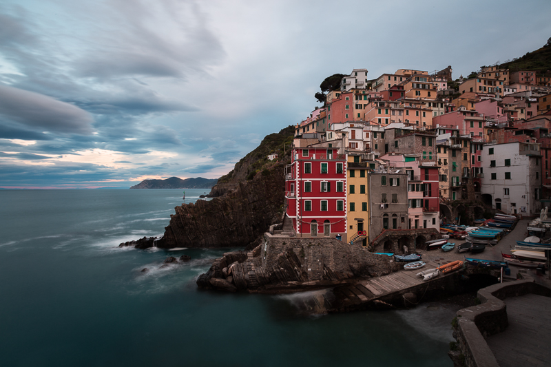 Cinque Terre's Riomaggiore shortly after sunrise on a quiet morning.