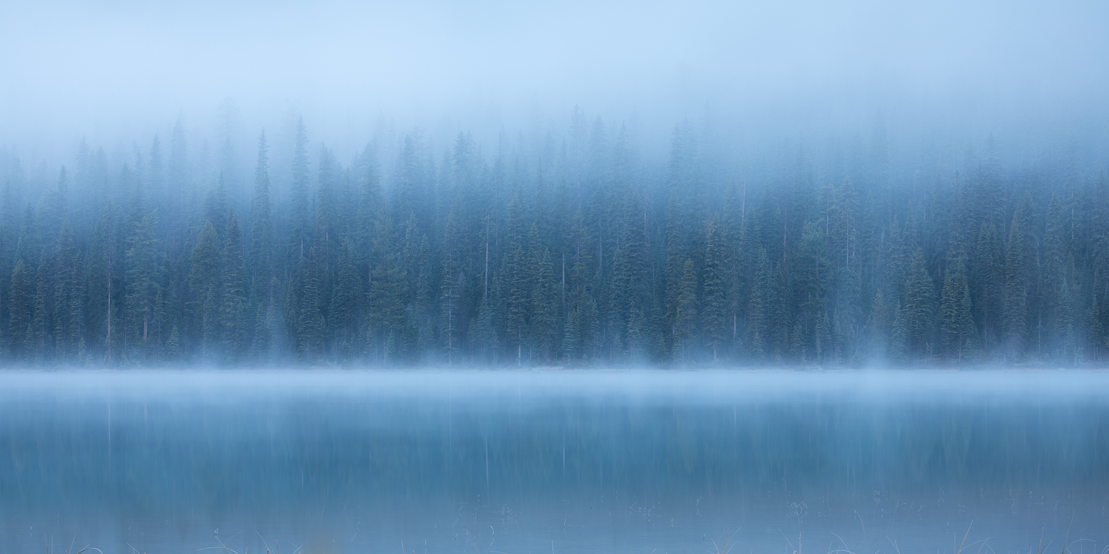 Emerald Lake fogged in on a cold Winter morning.