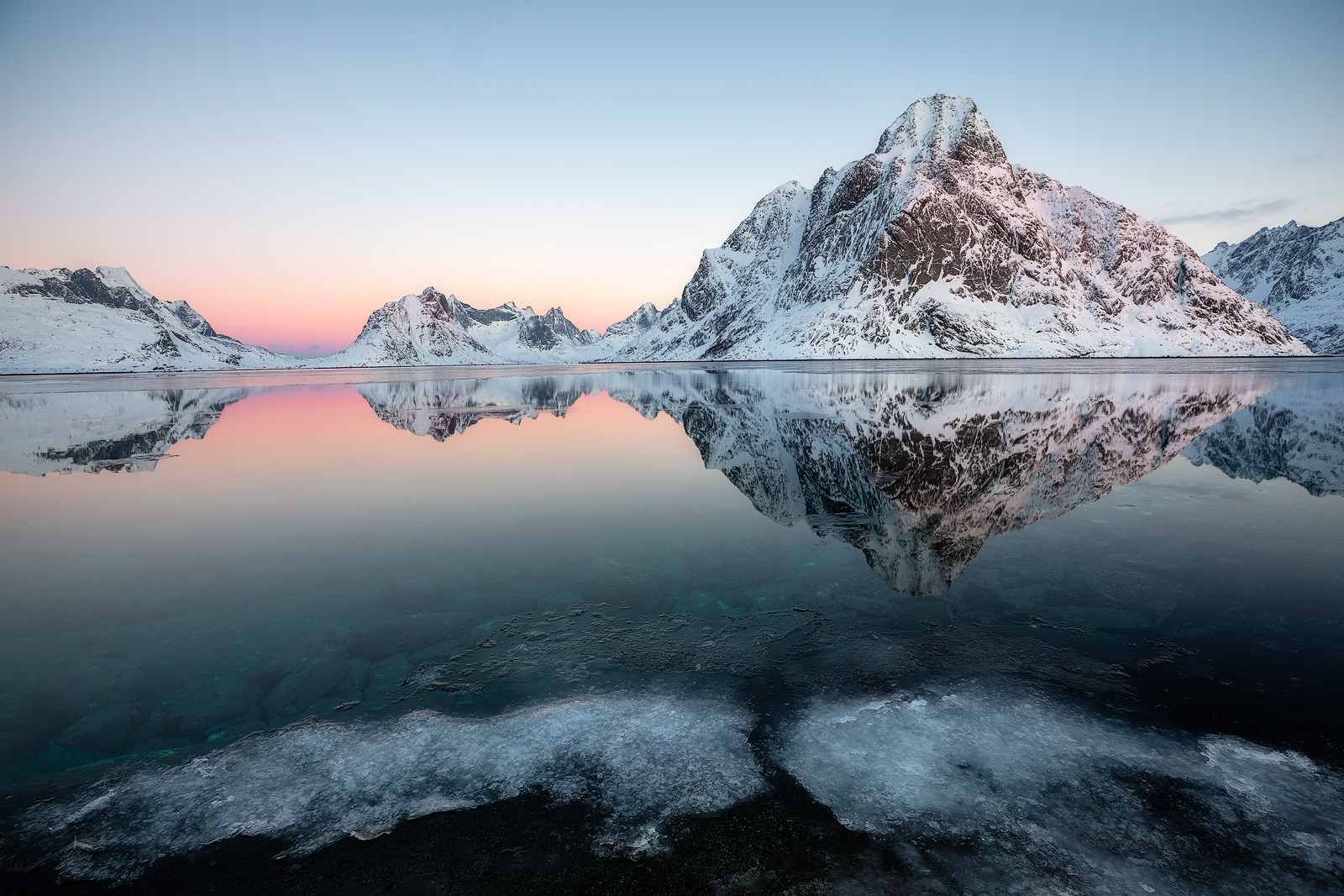 A calm blue morning in Lofoten with reflections of the mountains in icy waters.