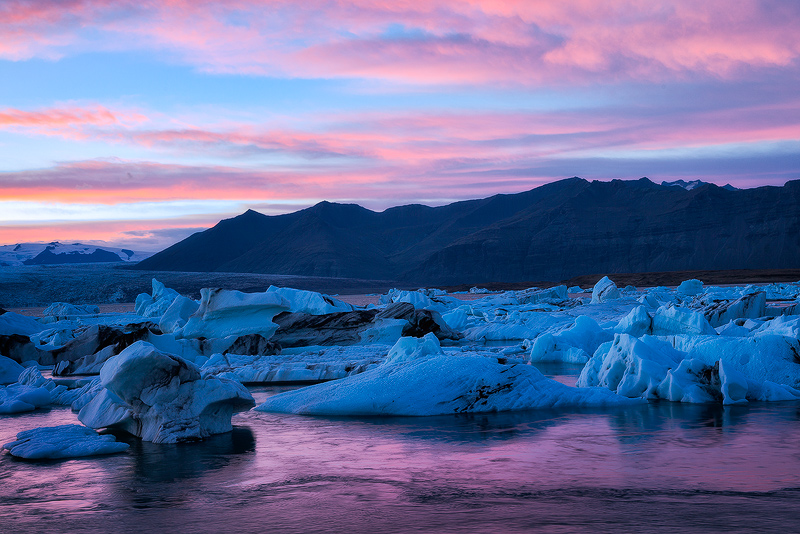 Beautiful sunset over a glacier lake
