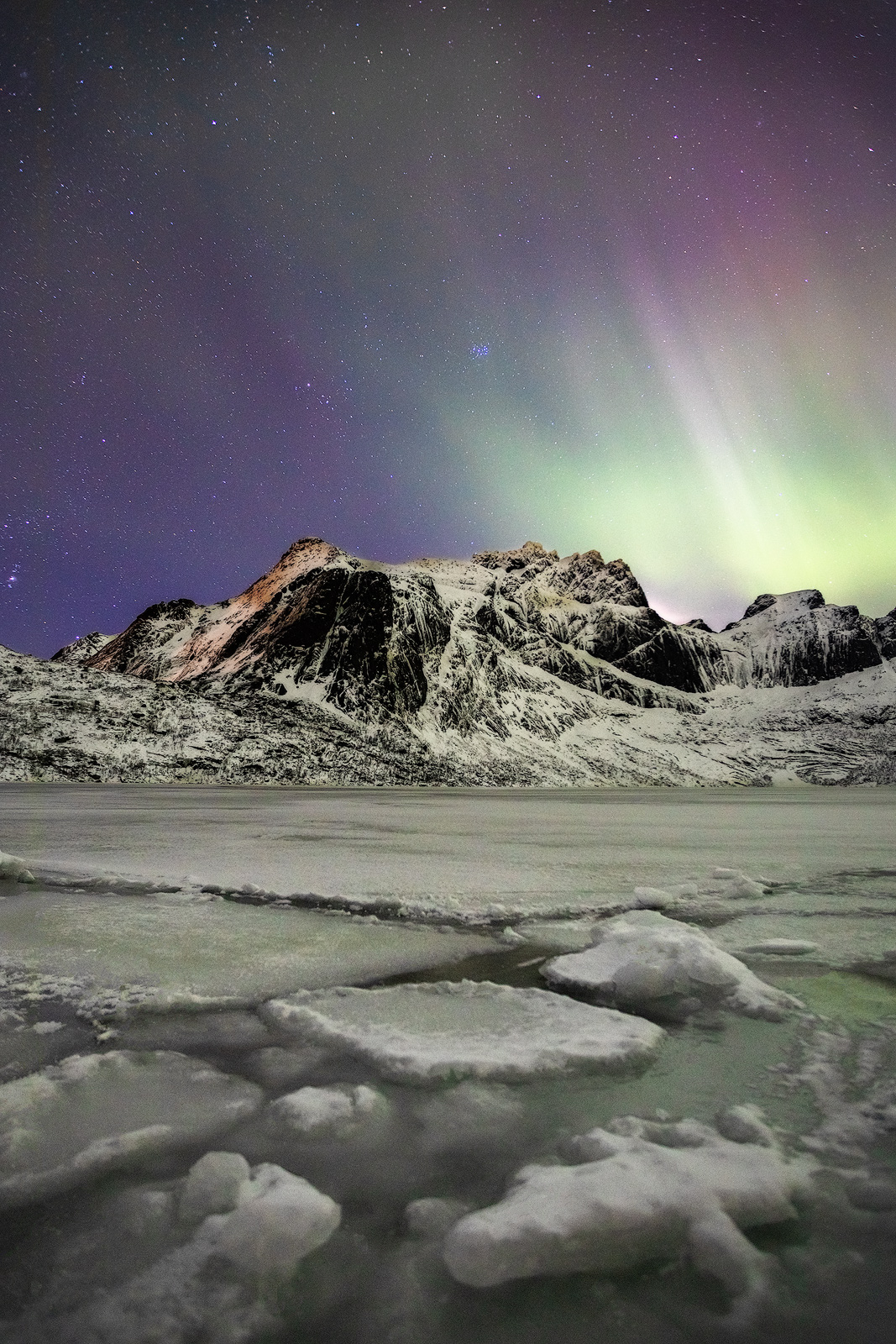 Colorful aurora beams rise over Lofoten's snow-covered mountains.
