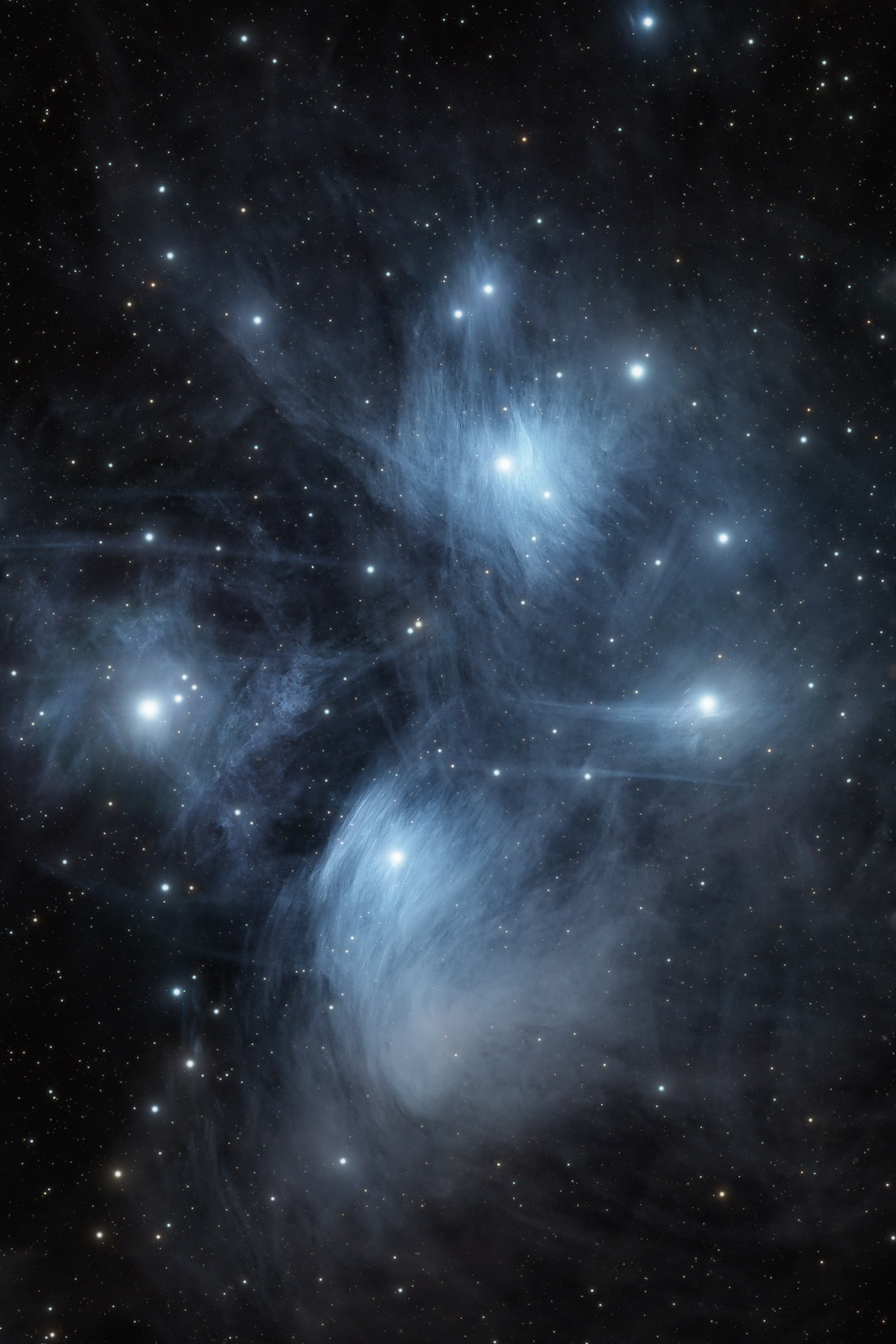 The Pleiades (known as Messier 45) is an open star cluster with nebulosity and found in the constellation of Taurus.