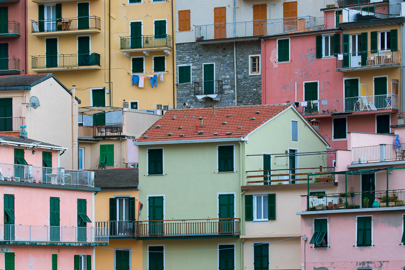 View up close of the colorful buildings in Cinque Terre's Manarola.