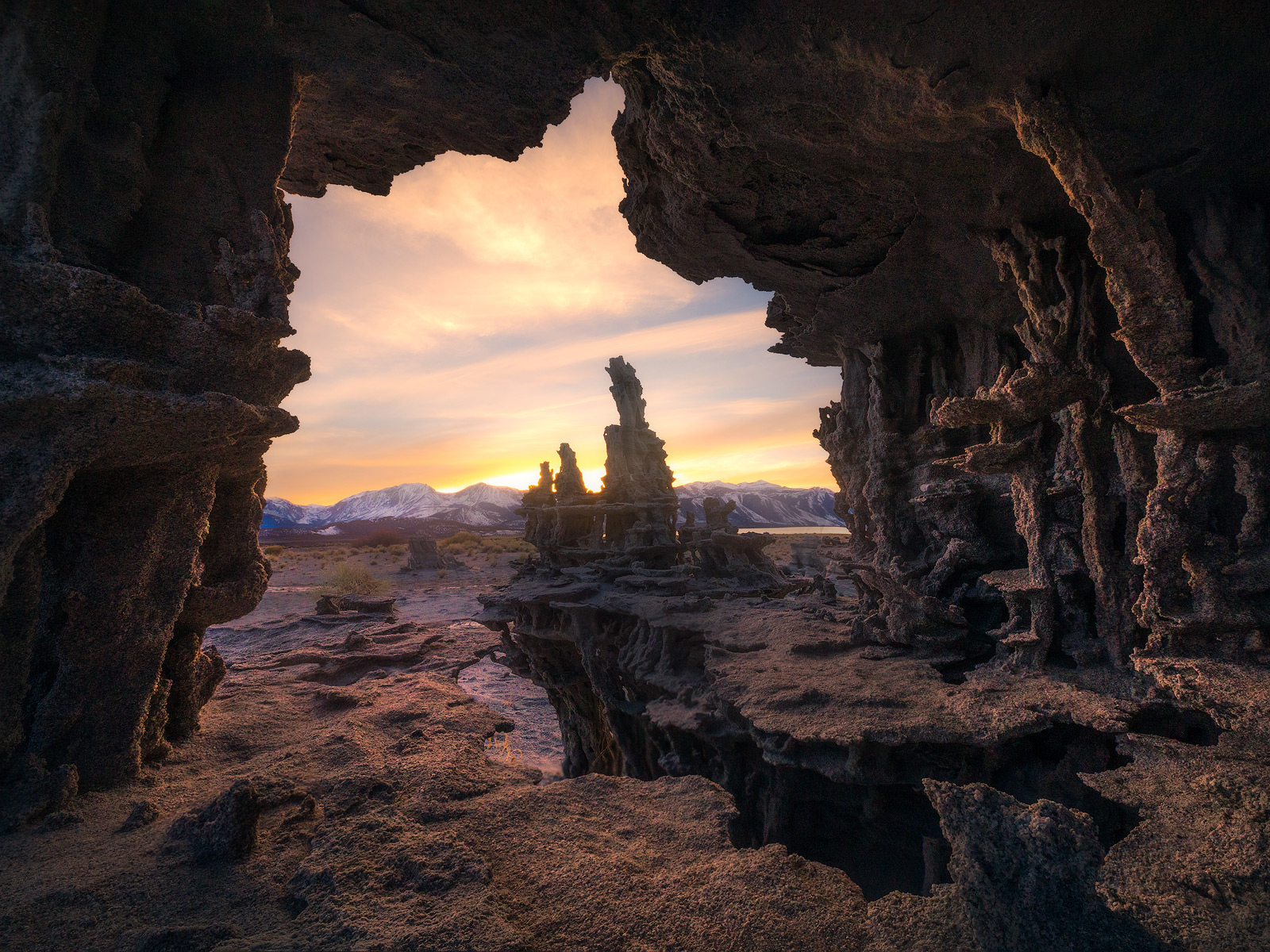 A tiny "cave" made to look large through the use of a wide-angle lens.