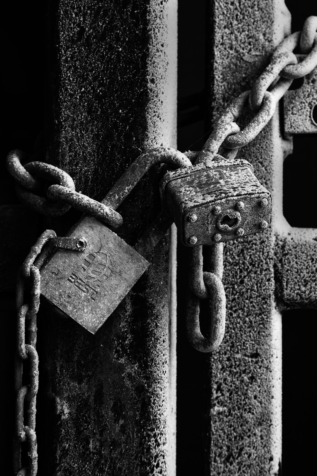 Old lock and chain along Chicago's riverwalk.