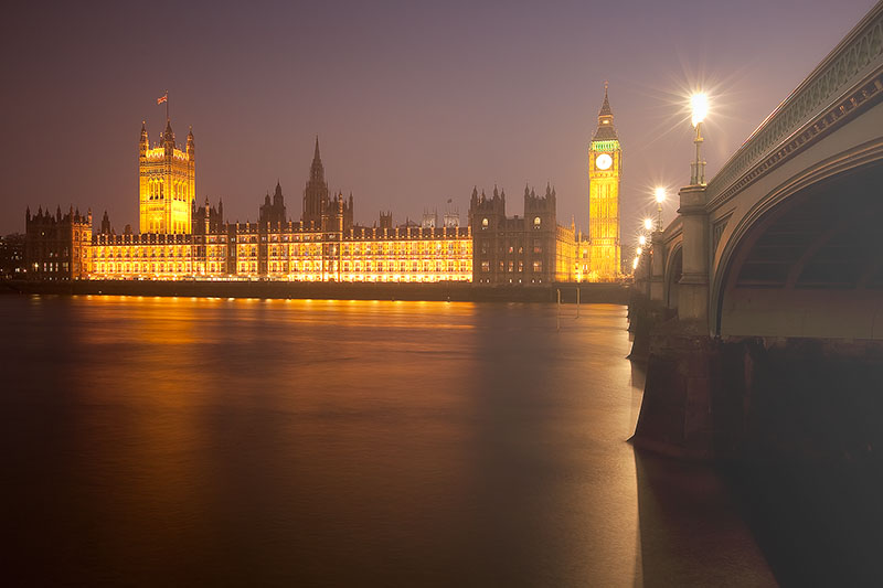 London's Parliament on a foggy night