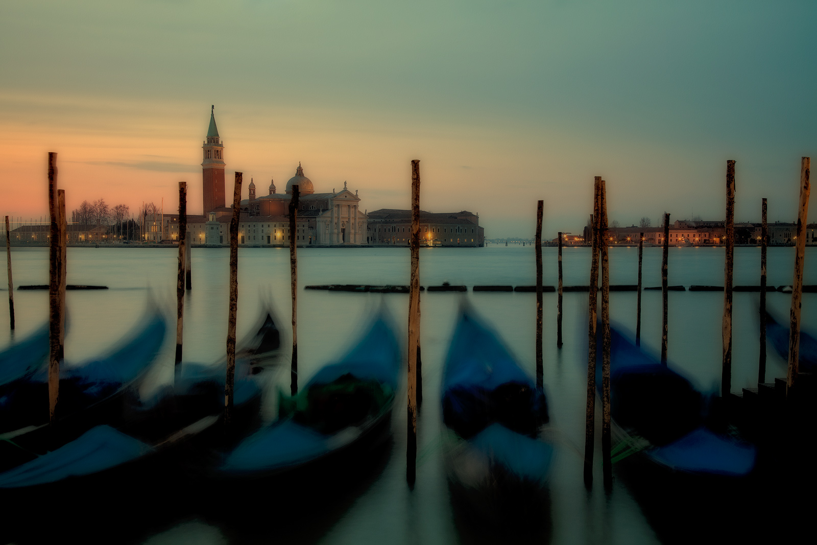 Gondolas docked at San Marco Square in Venice.
