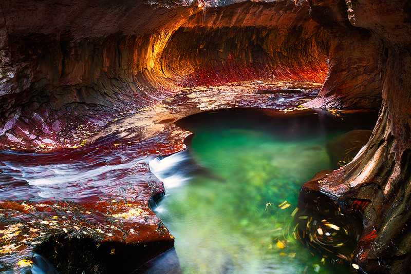 Leaves swirling in a turqoise pool at the Subway
