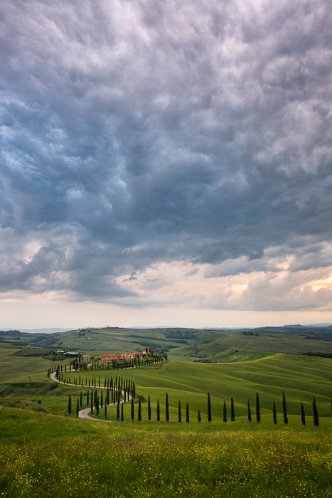 Menacing storm clouds move over the distant hills in Tuscany.