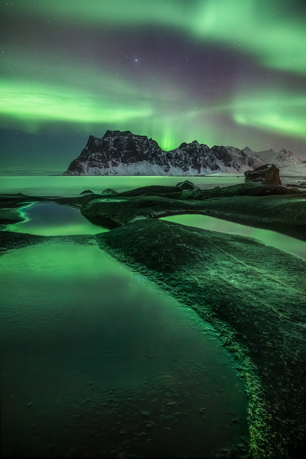 A brilliant aurora reflecting in foreground pools along a coastline in Lofoten.
